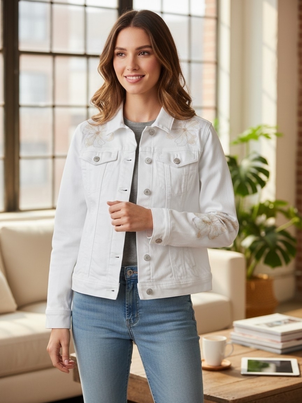 Code Bleu White Floral Embroidered Stretch Denim Jacket NWT Small